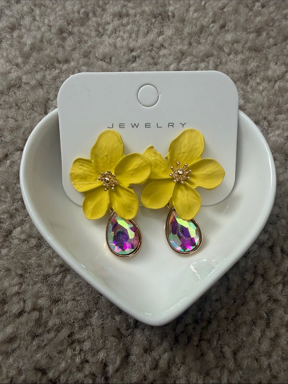 Yellow Flower Drop Earrings with Iridescent Teardrops